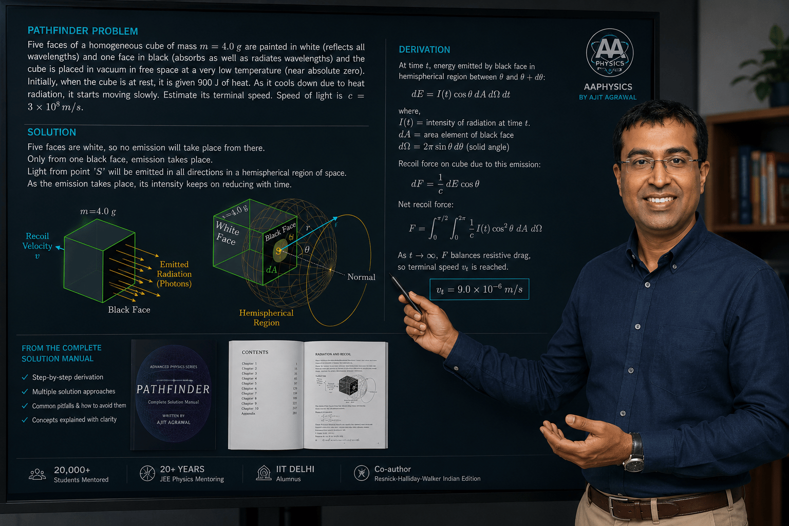 Ajit Agrawal teaching at a smartboard filled with a worked physics problem
